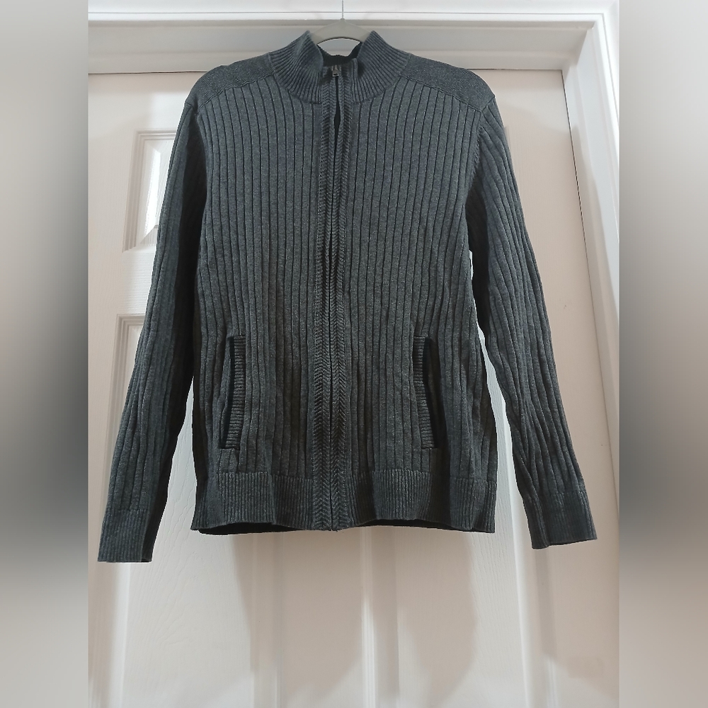 Alfani Gray Zip Up Sweater with Mock Neck and Ribbed Texture